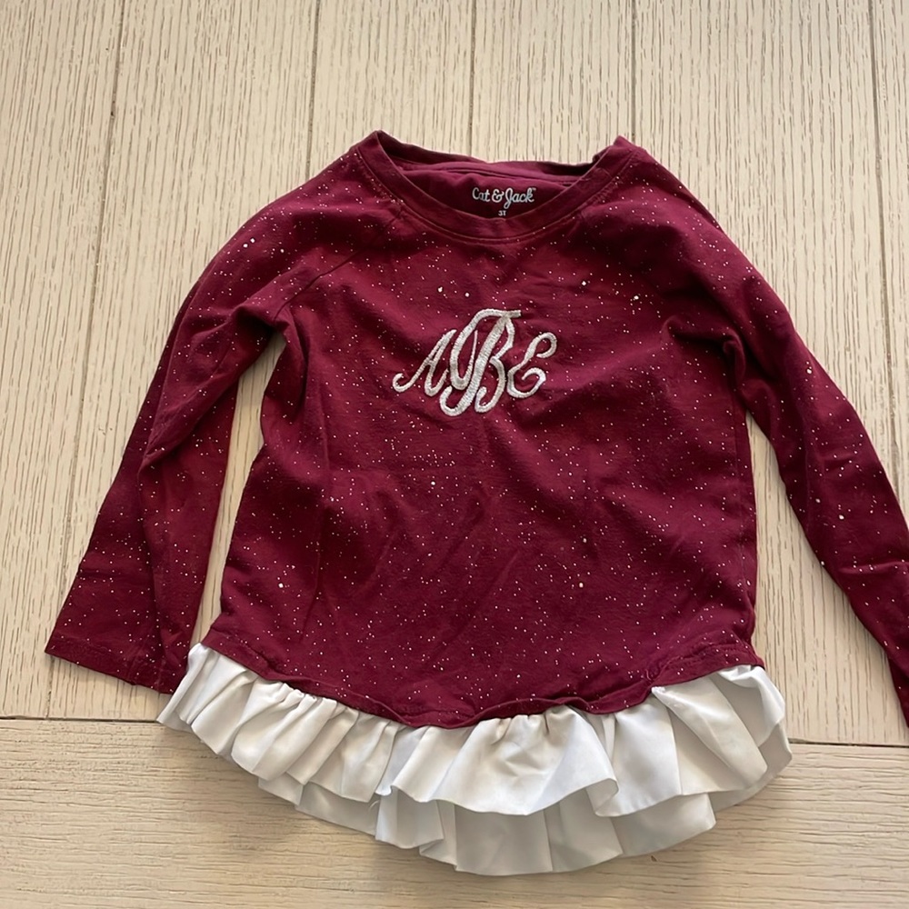 3T “ABE” initial shirt- b is the last name.